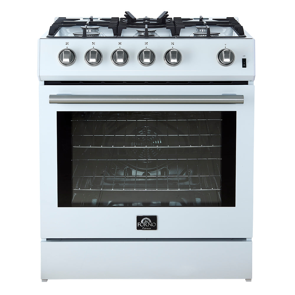 Cocina a gas blanca Forno Leonardo Espresso de 30 pulgadas, 5 quemadores, 39,500 BTU, horno de convección de 5 pies cúbicos