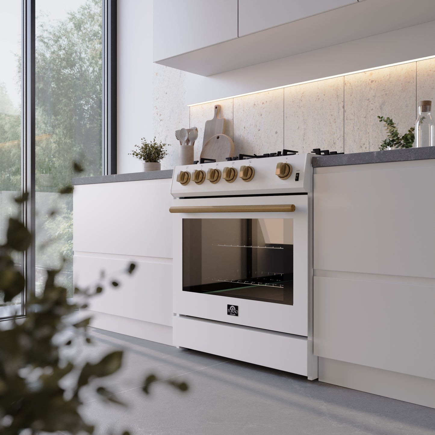 Cocina a gas blanca Forno Leonardo Espresso de 30 pulgadas, 5 quemadores, 39,500 BTU, horno de convección de 5 pies cúbicos