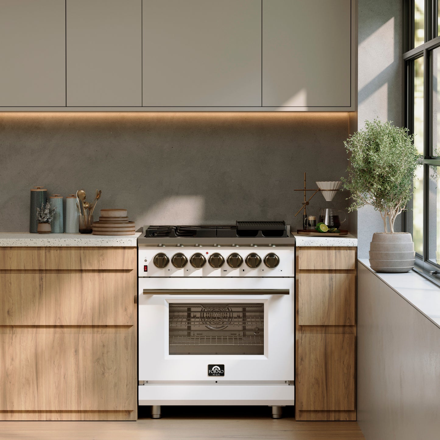 Cocina independiente de combustible dual Forno Massimo de 30 pulgadas en blanco con accesorios de latón antiguo, 4 quemadores, horno de convección de 4.32 pies cúbicos