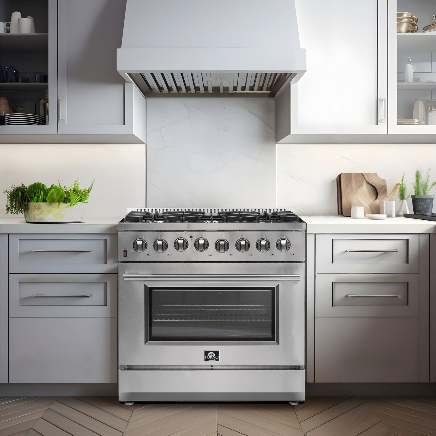 Ensemble de cuisine haut de gamme FORNO 3 pièces : cuisinière bi-énergie Galiano 36 po, réfrigérateur à portes françaises 36 po, lave-vaisselle encastrable 24 po - FBDL-004-02CAUS