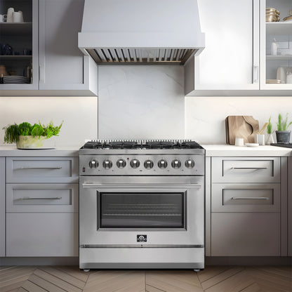 Ensemble de cuisine haut de gamme FORNO 3 pièces : cuisinière bi-énergie Galiano 36 po, réfrigérateur à portes françaises 36 po, lave-vaisselle encastrable 24 po - FBDL-004-02CAUS