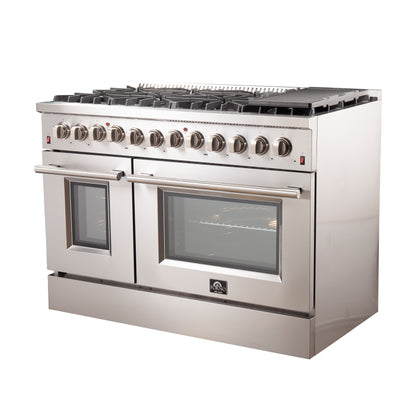 Ensemble de cuisine haut de gamme FORNO 2 pièces : cuisinière bi-énergie Galiano en acier inoxydable de 48 po, fours Forno Maderno de 28 po de large avec garniture décorative – FBDL-017-03CAUS