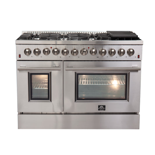 Conjunto de cocina premium de 2 piezas FORNO: cocina de doble combustible Galiano de acero inoxidable de 48", unidades Forno Maderno de 2 unidades de 28" de ancho con molduras decorativas - FBDL-017-03CAUS