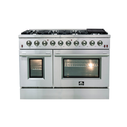 Cuisinière à gaz autonome Forno Galiano de 48 pouces, acier inoxydable, 8 brûleurs, 107 000 BTU, plaque de cuisson, fours doubles, écoénergétique