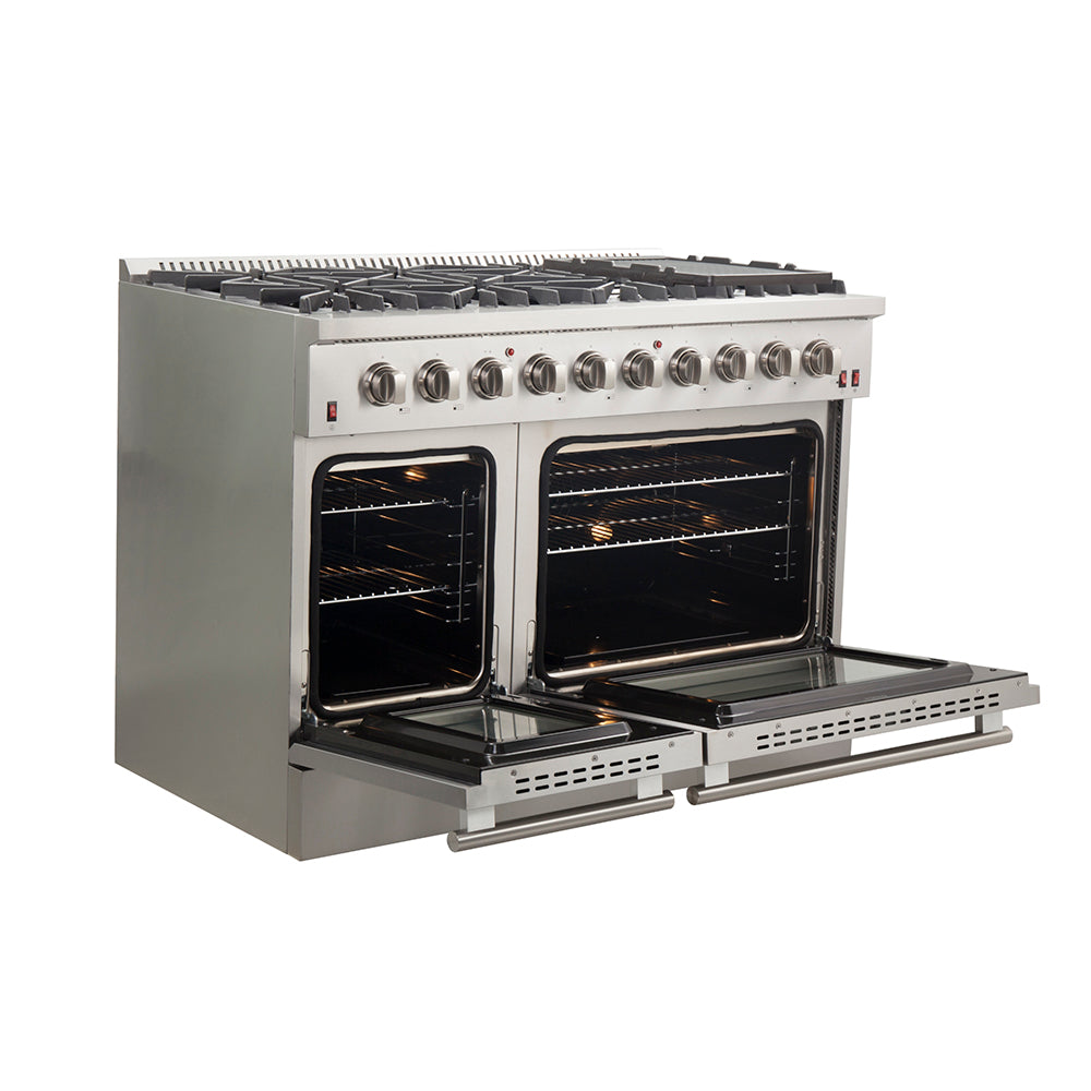 Cuisinière à gaz autonome Forno Galiano de 48 pouces, acier inoxydable, 8 brûleurs, 107 000 BTU, plaque de cuisson, fours doubles, écoénergétique