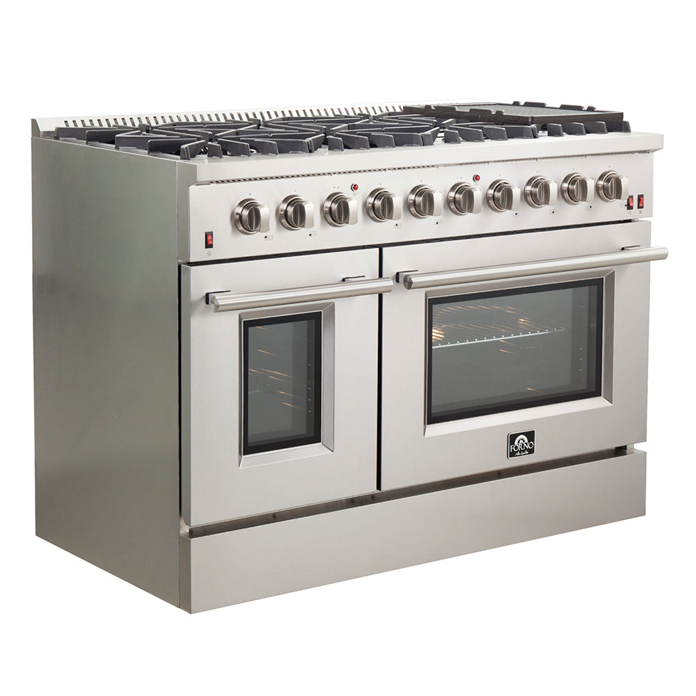 Cuisinière à gaz autonome Forno Galiano de 48 pouces, acier inoxydable, 8 brûleurs, 107 000 BTU, plaque de cuisson, fours doubles, écoénergétique
