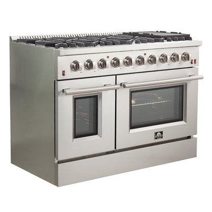 Cuisinière à gaz autonome Forno Galiano de 48 pouces, acier inoxydable, 8 brûleurs, 107 000 BTU, plaque de cuisson, fours doubles, écoénergétique