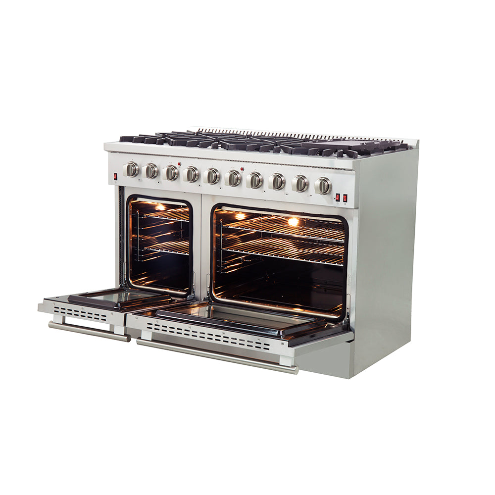 Cuisinière à gaz autonome Forno Galiano de 48 pouces, acier inoxydable, 8 brûleurs, 107 000 BTU, plaque de cuisson, fours doubles, écoénergétique