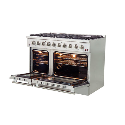Cuisinière à gaz autonome Forno Galiano de 48 pouces, acier inoxydable, 8 brûleurs, 107 000 BTU, plaque de cuisson, fours doubles, écoénergétique