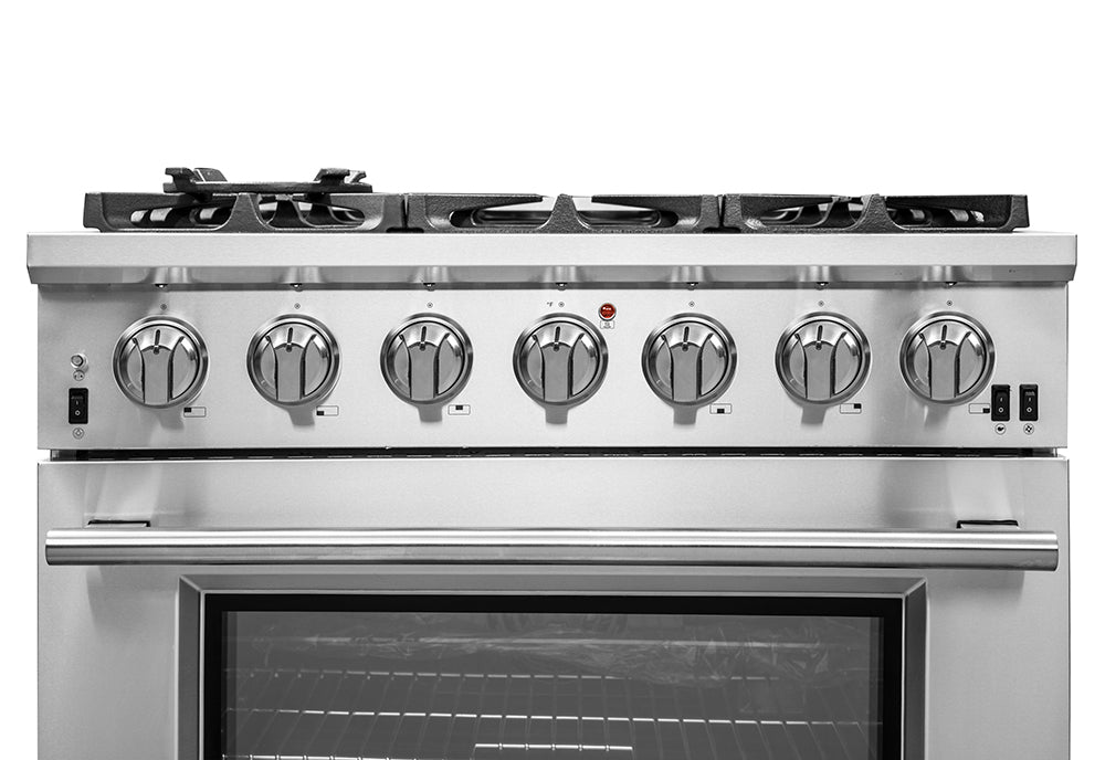 Cocina a gas Forno Capriasca de 36 pulgadas, acero inoxidable, 6 quemadores de latón, 120,000 BTU, horno de convección, eficiencia energética