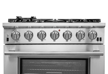 Cocina a gas Forno Capriasca de 36 pulgadas, acero inoxidable, 6 quemadores de latón, 120,000 BTU, horno de convección, eficiencia energética