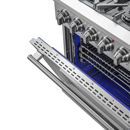 Cocina a gas Forno Capriasca de 36 pulgadas, acero inoxidable, 6 quemadores de latón, 120,000 BTU, horno de convección, eficiencia energética