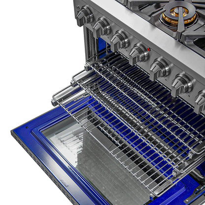 Cocina a gas Forno Capriasca de 36 pulgadas, acero inoxidable, 6 quemadores de latón, 120,000 BTU, horno de convección, eficiencia energética