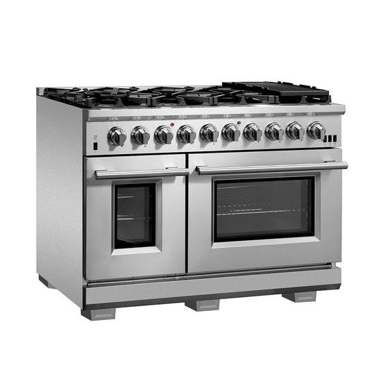 Cocina a gas FORNO Capriasca de 48 pulgadas, acero inoxidable, 8 quemadores de latón, 160,000 BTU, 6.58 pies cúbicos, horno doble