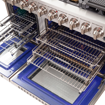 Cuisinière à gaz FORNO Capriasca de 48 pouces, acier inoxydable, 8 brûleurs en laiton, 160 000 BTU, four double de 6,58 pi³