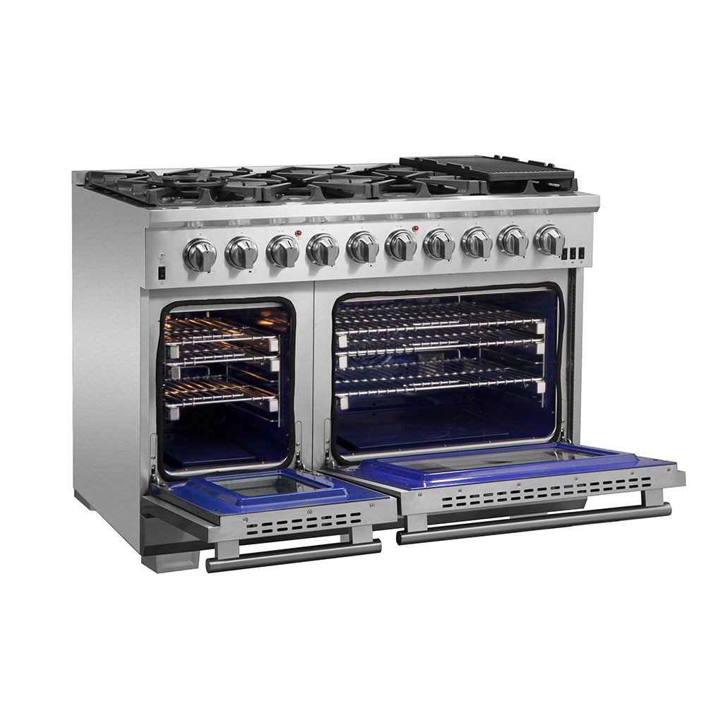 Cuisinière à gaz FORNO Capriasca de 48 pouces, acier inoxydable, 8 brûleurs en laiton, 160 000 BTU, four double de 6,58 pi³