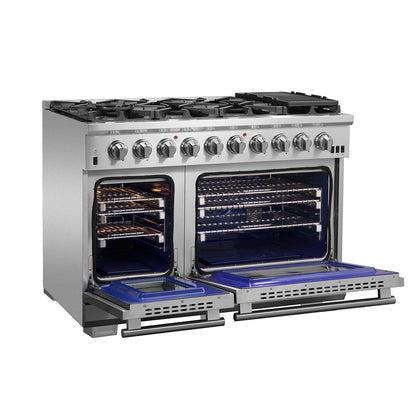 Cuisinière à gaz FORNO Capriasca de 48 pouces, acier inoxydable, 8 brûleurs en laiton, 160 000 BTU, four double de 6,58 pi³