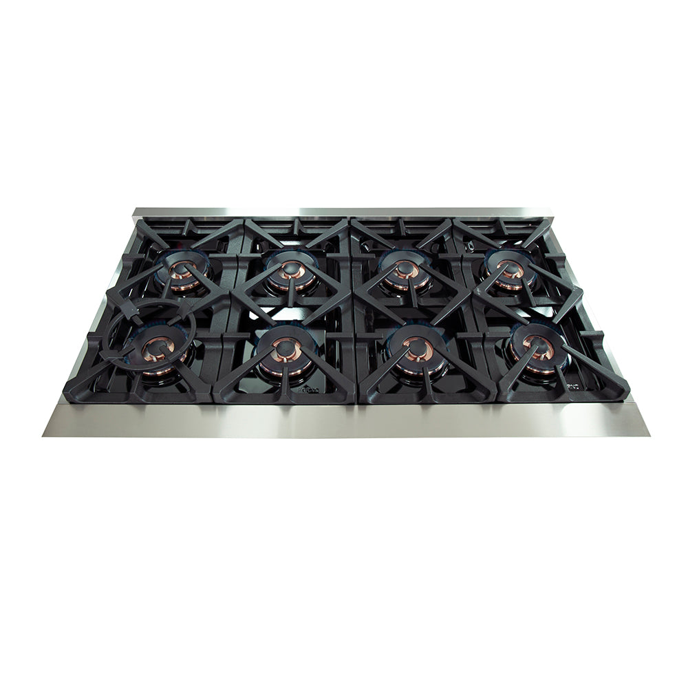 Cuisinière à gaz FORNO Capriasca de 48 pouces, acier inoxydable, 8 brûleurs en laiton, 160 000 BTU, four double de 6,58 pi³