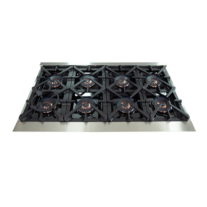 Cuisinière à gaz FORNO Capriasca de 48 pouces, acier inoxydable, 8 brûleurs en laiton, 160 000 BTU, four double de 6,58 pi³