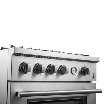 Cocina a gas Marco de 30 pulgadas, acero inoxidable, 4 quemadores, 37,000 BTU, horno de convección de 4.32 pies cúbicos.