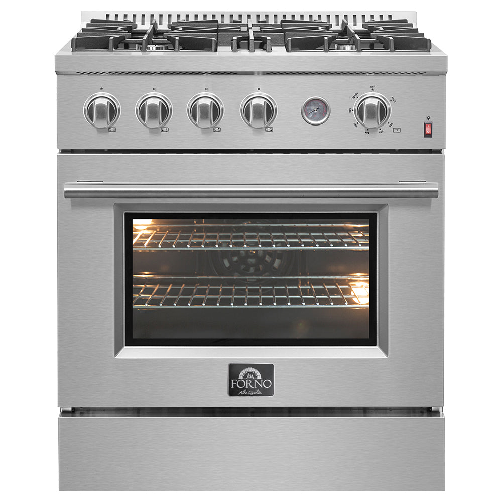 Conjunto de cocina premium de 2 piezas FORNO: cocina a gas Marco de 30 pulgadas en acero inoxidable, refrigerador Forno Gallipoli de 30 pulgadas con puerta francesa y congelador inferior, capacidad de 17.5 pies cúbicos - FBDL-021-02CAUS