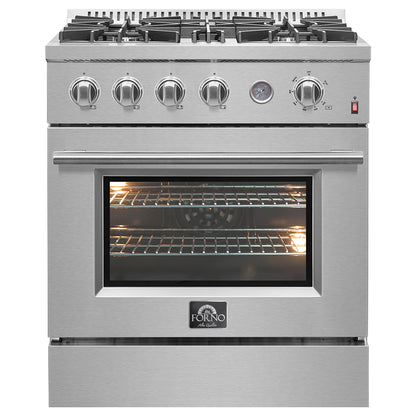 Conjunto de cocina premium de 2 piezas FORNO: cocina a gas Marco de 30 pulgadas en acero inoxidable, refrigerador Forno Gallipoli de 30 pulgadas con puerta francesa y congelador inferior, capacidad de 17.5 pies cúbicos - FBDL-021-02CAUS