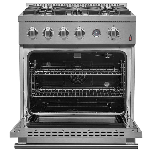 Marco 30-inch Gas Range Stainless Steel, 4 Burners 37,000 BTU, 4.32 cu.ft. Convection Oven - Forno Appliances