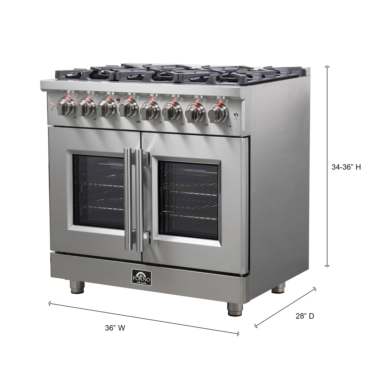 Cuisinière bi-énergie autonome Forno Massimo de 36 pouces avec portes françaises, 6 brûleurs et four à convection véritable