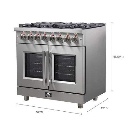 Cuisinière bi-énergie autonome Forno Massimo de 36 pouces avec portes françaises, 6 brûleurs et four à convection véritable