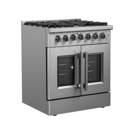 Cocina de doble combustible Forno Galiano de 30 pulgadas con puerta francesa, totalmente de acero inoxidable, 5 quemadores sellados, 68,000 BTU, 4.32 pies cúbicos, horno de convección real