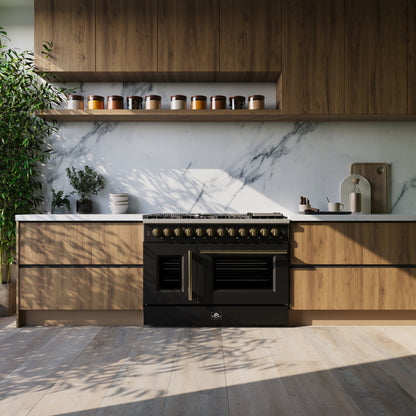 Cocina de doble combustible Forno Galiano de 48 pulgadas con puerta francesa, diseño en negro y latón antiguo, 8 quemadores sellados, 107,000 BTU, plancha, hornos dobles de 6.58 pies cúbicos
