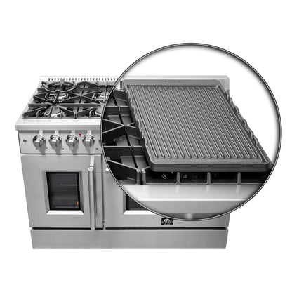 Cocina de doble combustible FORNO Galiano de 48 pulgadas con puerta francesa, totalmente de acero inoxidable, 8 quemadores sellados, 107,000 BTU, plancha, hornos dobles de 6.58 pies cúbicos