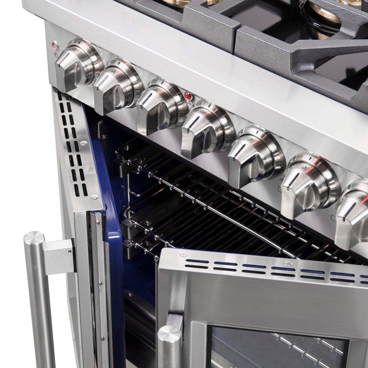 Cocina independiente Forno Capriasca de 30 pulgadas con puerta francesa, doble combustible, 4 quemadores y horno de convección real