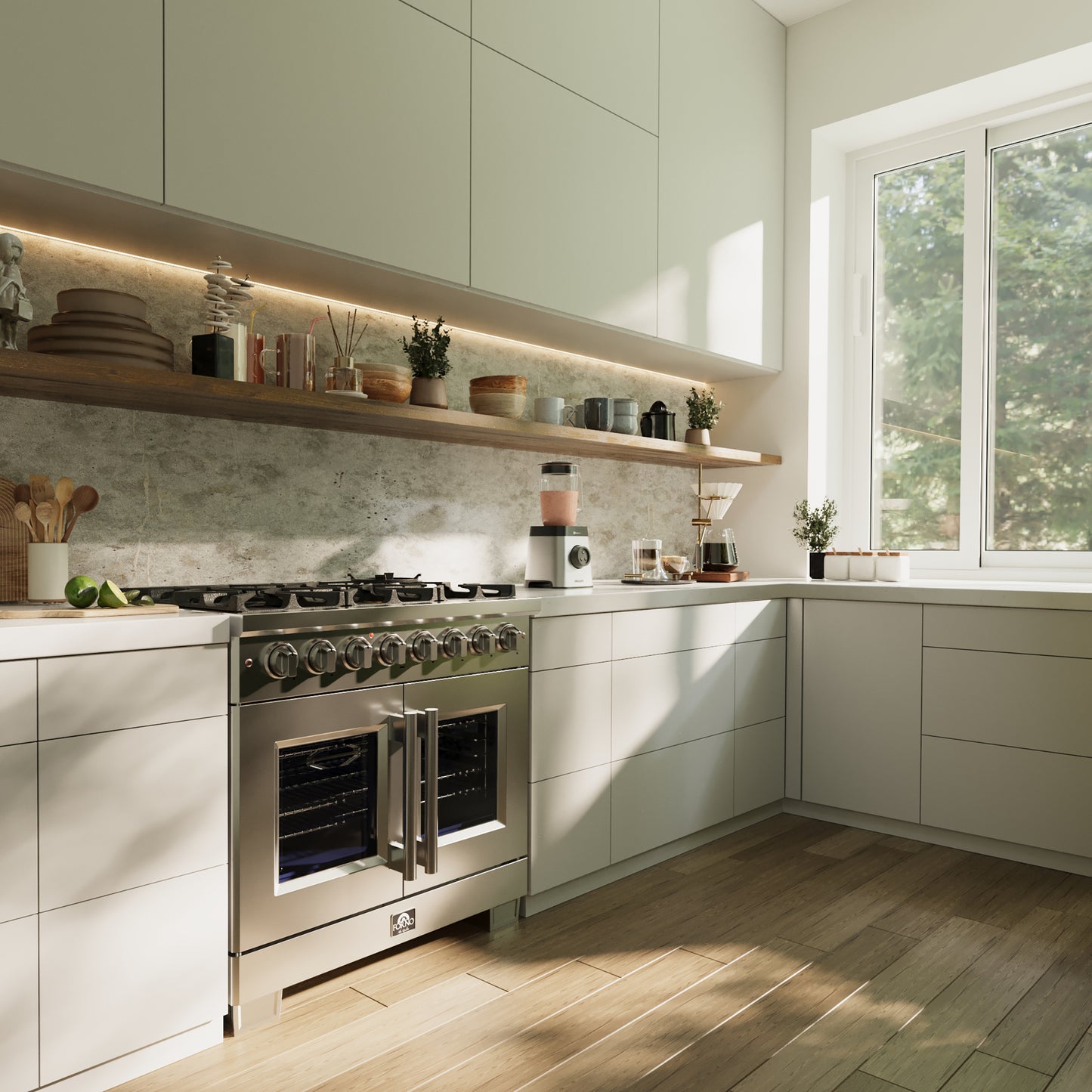 Cocina independiente Forno Capriasca de 36 pulgadas con puerta francesa, doble combustible, 6 quemadores y horno de convección real