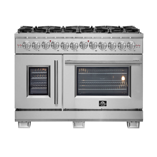 Cuisinière autonome à double combustible Forno Capriasca de 48 pouces avec portes françaises, 8 brûleurs et four à convection véritable