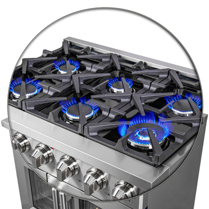 Cocina a gas independiente Forno Massimo de 36 pulgadas con puerta francesa, 6 quemadores, horno de convección y eficiencia energética.