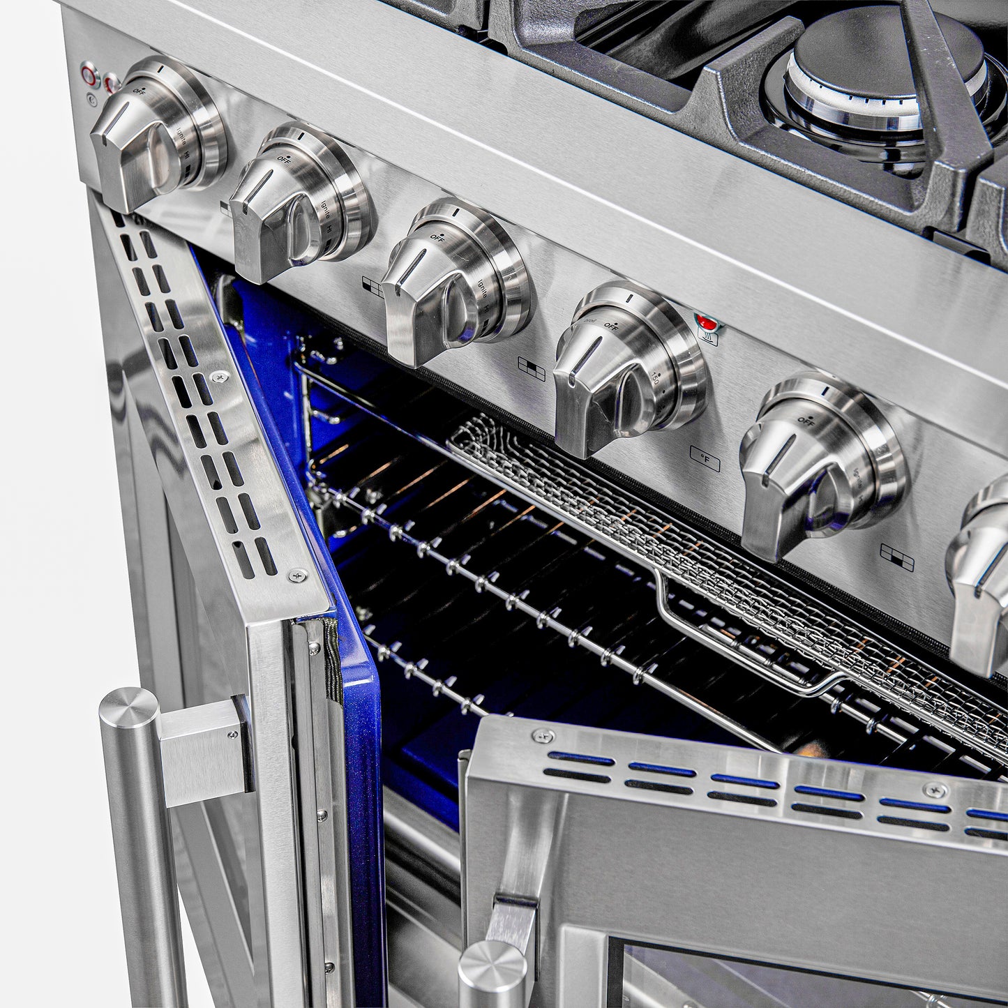 Cocina a gas independiente Forno Massimo de 36 pulgadas con puerta francesa, 6 quemadores, horno de convección y eficiencia energética.