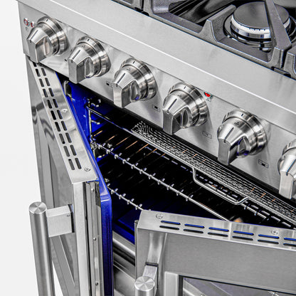 Cocina a gas independiente Forno Massimo de 36 pulgadas con puerta francesa, 6 quemadores, horno de convección y eficiencia energética.