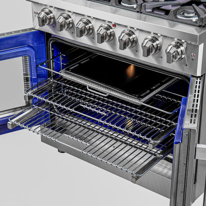 Cocina a gas independiente Forno Massimo de 36 pulgadas con puerta francesa, 6 quemadores, horno de convección y eficiencia energética.