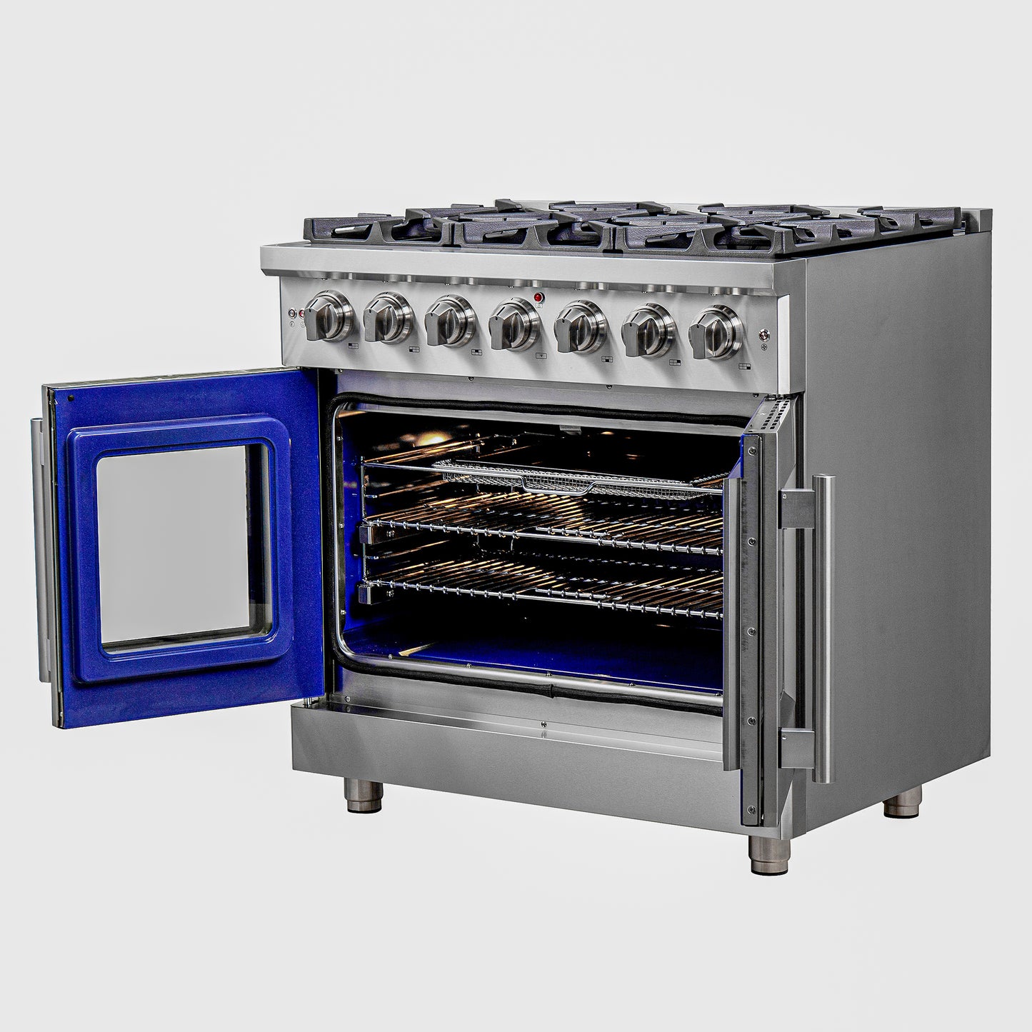 Cocina a gas independiente Forno Massimo de 36 pulgadas con puerta francesa, 6 quemadores, horno de convección y eficiencia energética.
