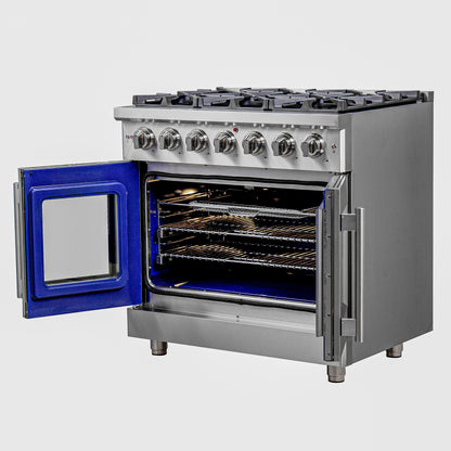 Cocina a gas independiente Forno Massimo de 36 pulgadas con puerta francesa, 6 quemadores, horno de convección y eficiencia energética.