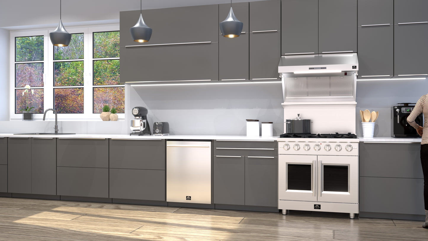 Cocina a gas independiente Forno Galiano de 36 pulgadas con puerta francesa, 6 quemadores, horno de convección y eficiencia energética.