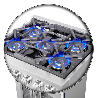 Cocina a gas independiente Forno Capriasca de 76 cm con puerta francesa, 4 quemadores, horno de convección y eficiencia energética.