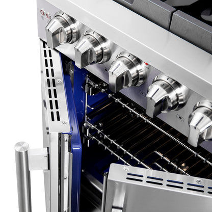 Cocina a gas independiente Forno Capriasca de 76 cm con puerta francesa, 4 quemadores, horno de convección y eficiencia energética.