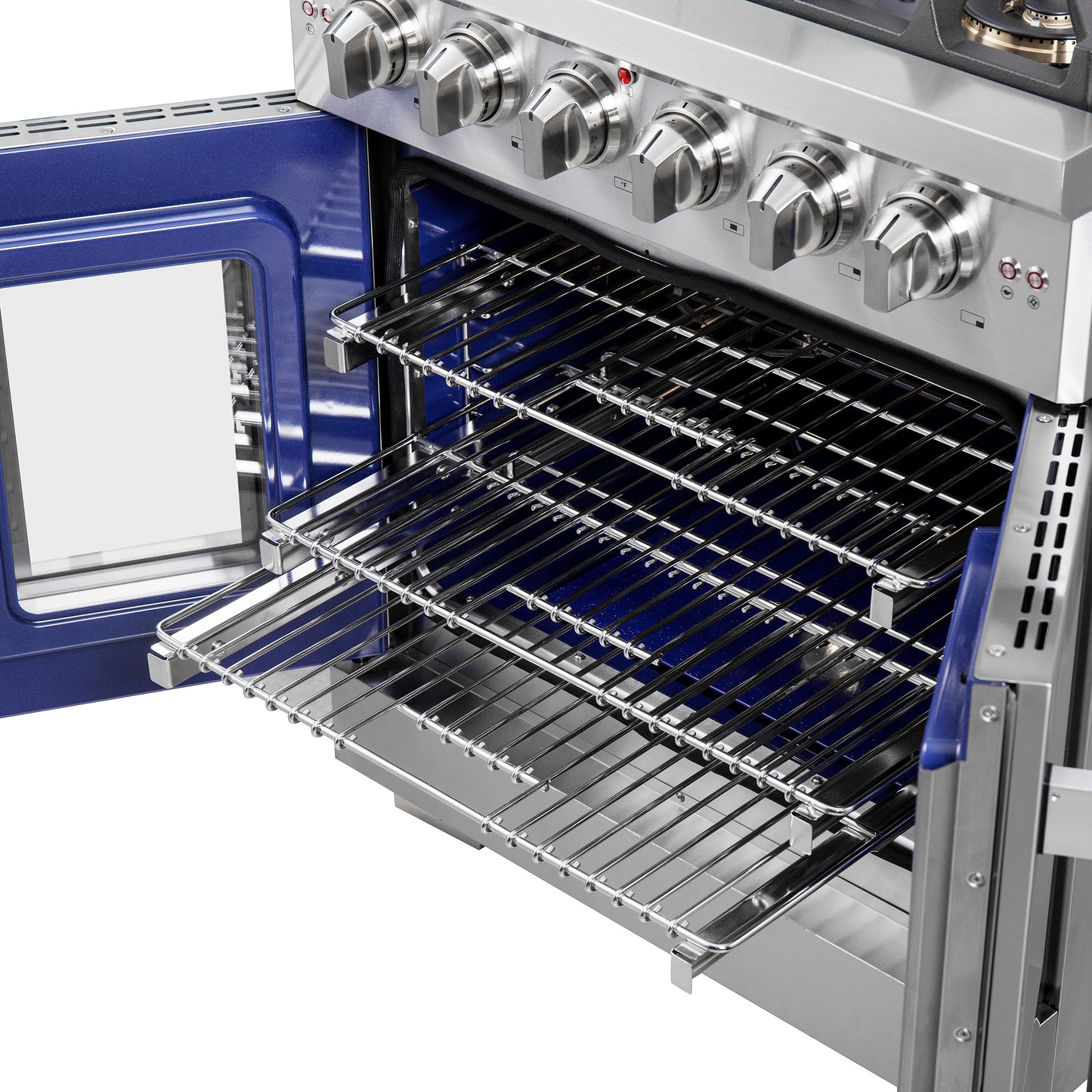 Cocina a gas independiente Forno Capriasca de 76 cm con puerta francesa, 4 quemadores, horno de convección y eficiencia energética.