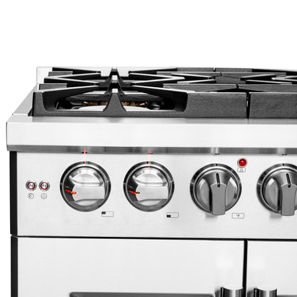 Cocina a gas independiente Forno Capriasca de 76 cm con puerta francesa, 4 quemadores, horno de convección y eficiencia energética.