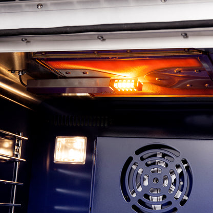 Cocina a gas independiente Forno Capriasca de 76 cm con puerta francesa, 4 quemadores, horno de convección y eficiencia energética.