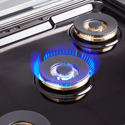 Cocina a gas independiente Forno Capriasca de 76 cm con puerta francesa, 4 quemadores, horno de convección y eficiencia energética.