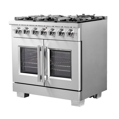 Cocina a gas independiente Forno Capriasca de 91 cm con puerta francesa, 6 quemadores, horno de convección y eficiencia energética.