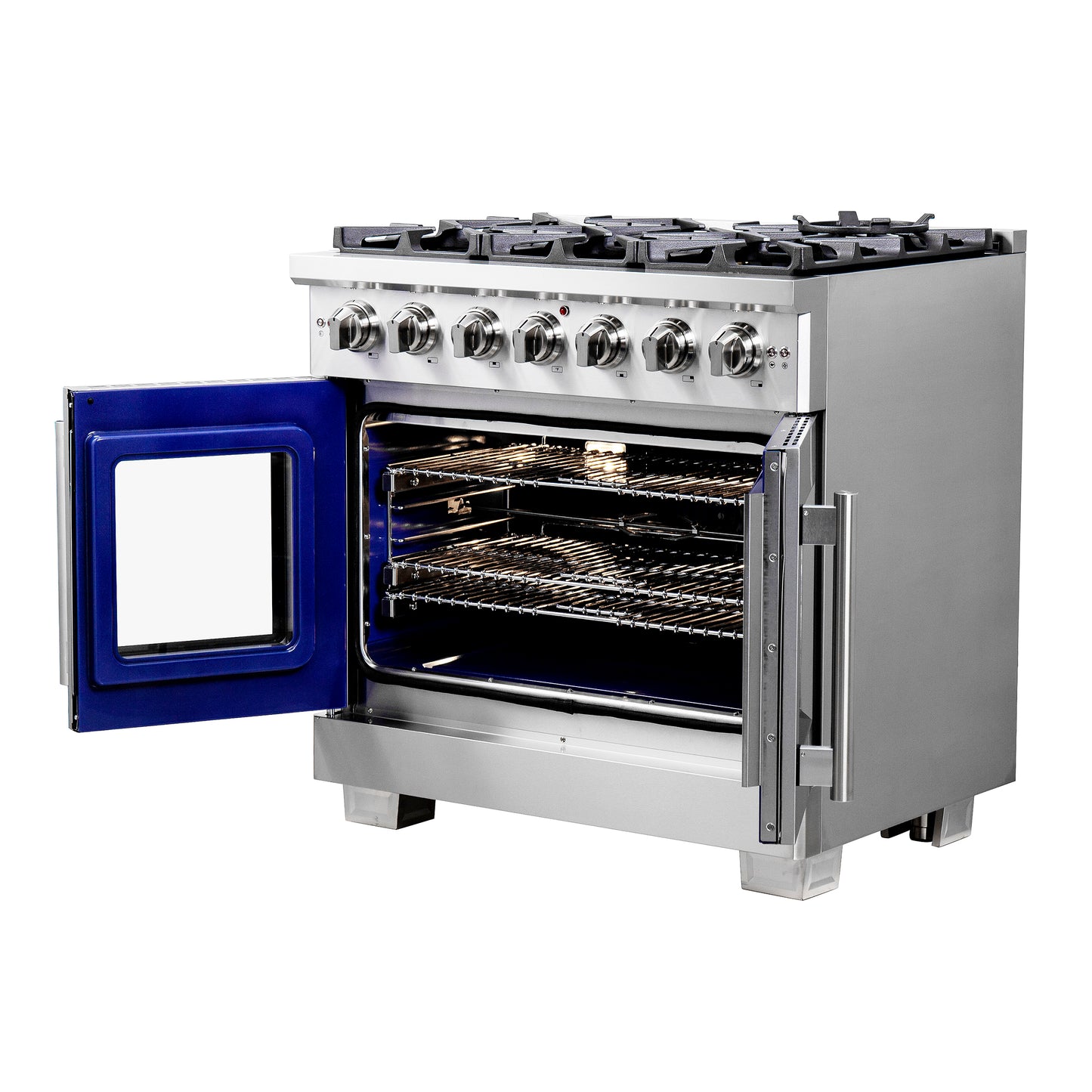 Cocina a gas independiente Forno Capriasca de 91 cm con puerta francesa, 6 quemadores, horno de convección y eficiencia energética.